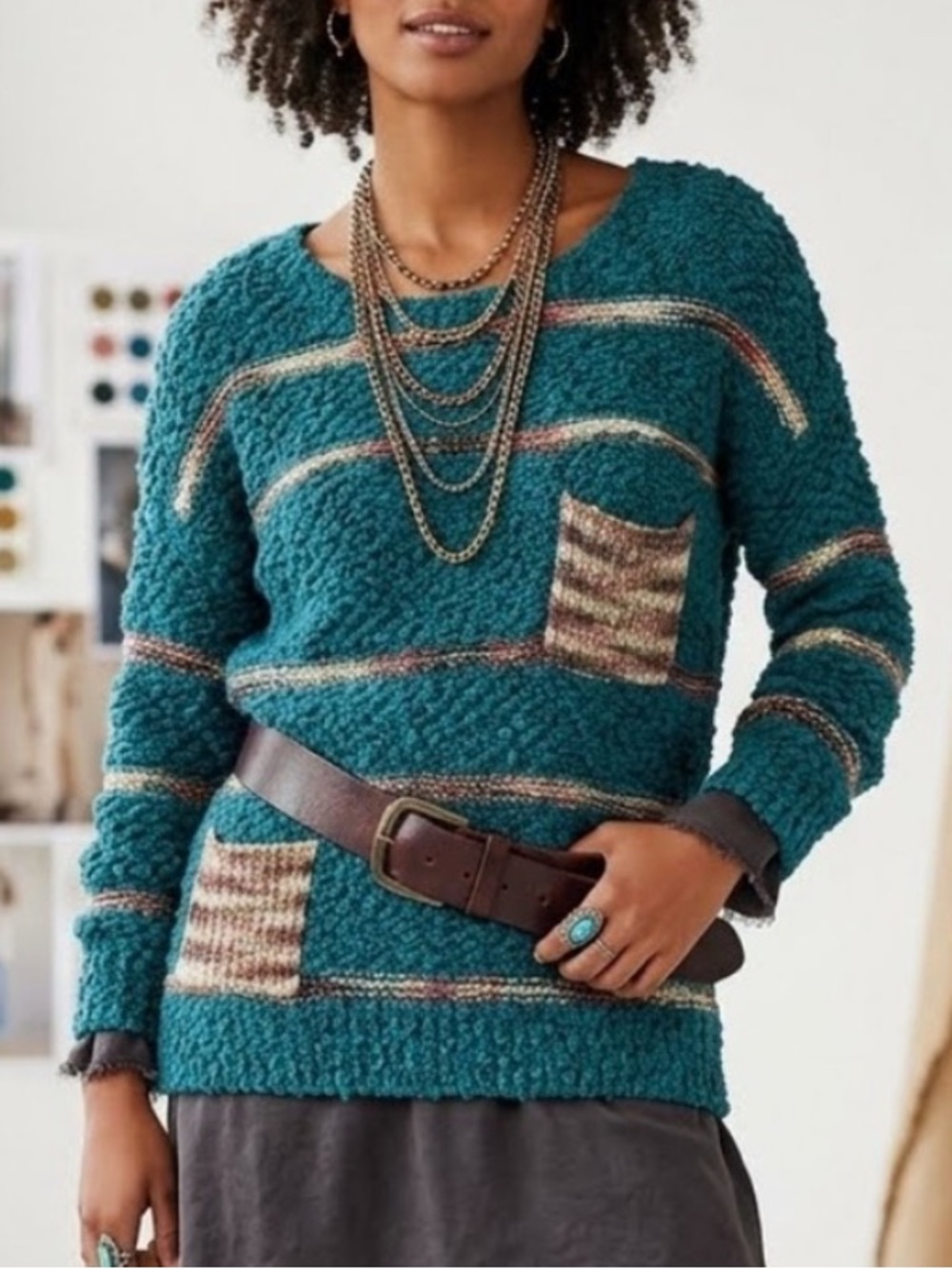 Tulip Cottagecore Textured Knit Sweater Pockets Striped Grannycore Sz Small